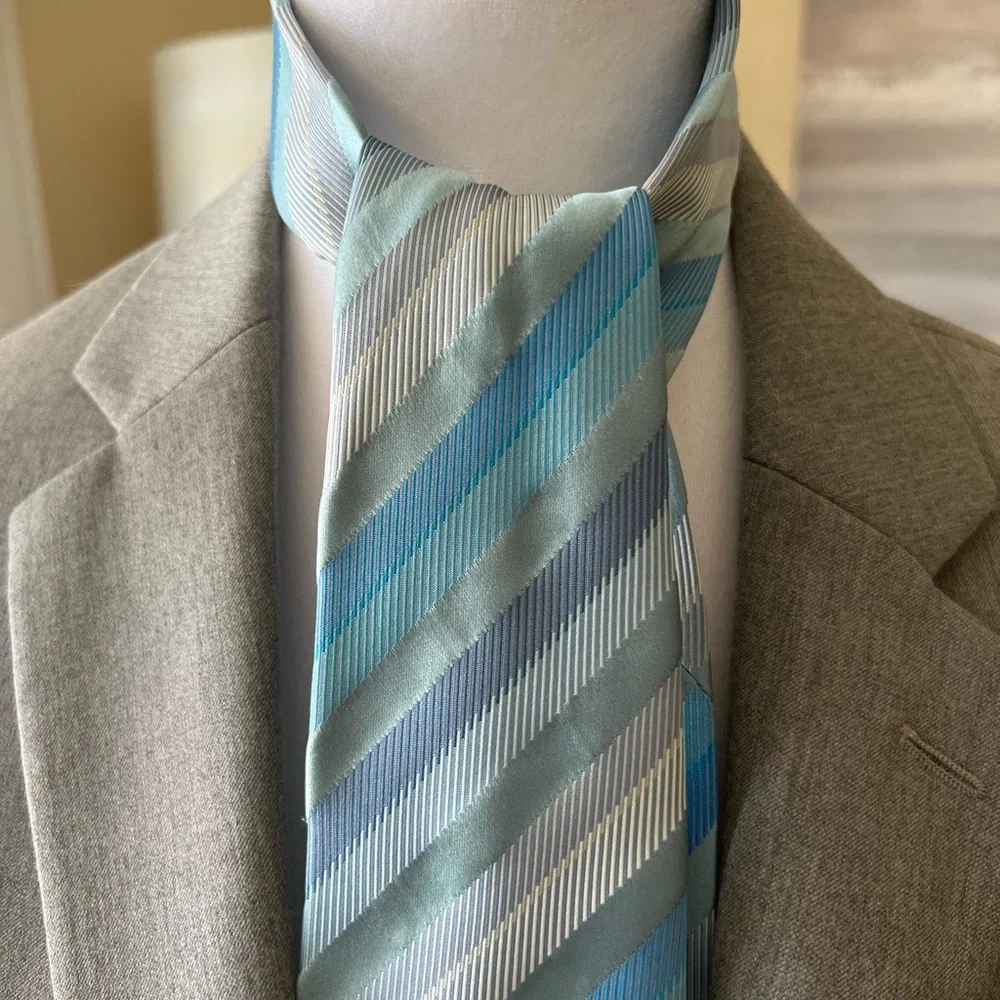 BCBG Striped All Silk Neck Tie - Aqua and Gray